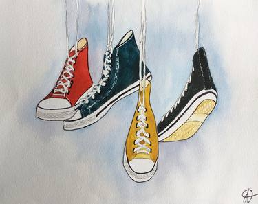 Colored sneakers. Watercolor illustration thumb