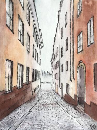 Beautiful old street. Watercolor illustration thumb