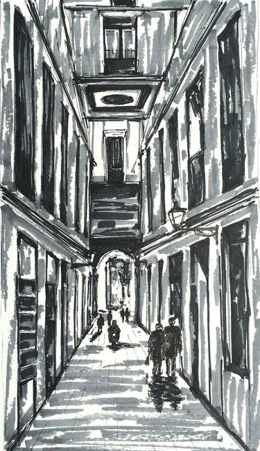 Street sketching. Old beautifull street. Black and White art thumb