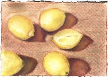 Yellow lemons illuminated by light, Watercolor+Pastel Still Life thumb