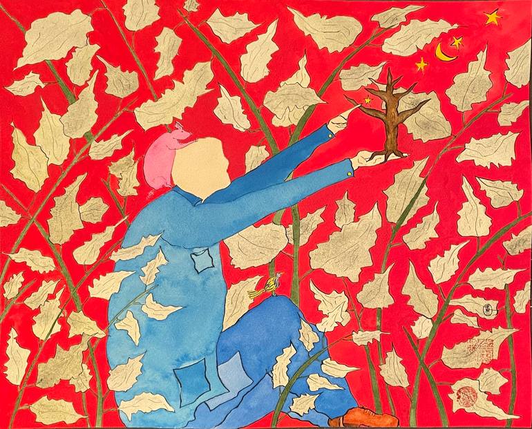 Original Nature Painting by Serge Bennathan | Illustration Art on Paper | Together to Gaze at the Starry Night