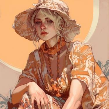 Portrait of a girl in a hat in warm colors in Art Nouveau style thumb