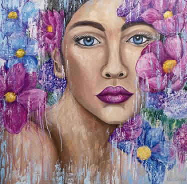 WOMAN WITH FLOWERS. Female face art thumb