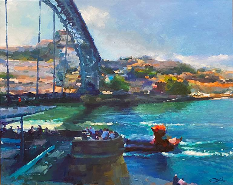 Original Seascape Painting by Charlton Chen | Classicism Art on Canvas | Harbor Life Under the Bridge