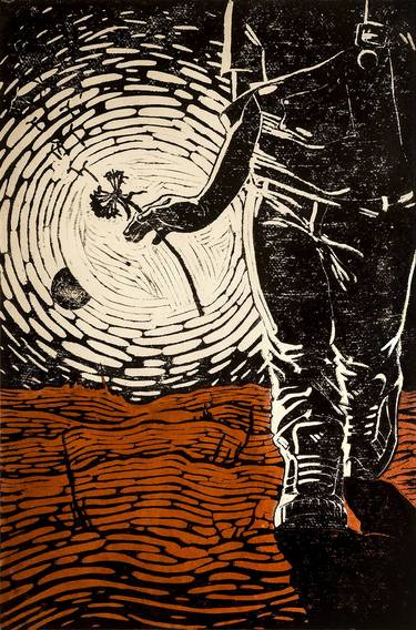 AT THE SUNSET OF HOPE / Martian Chronicles | original engraving, figurative artwork, landscape, space, interior decor, linocut, oil thumb