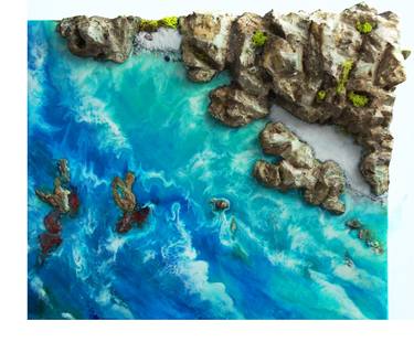 White beach and rocks. Coral reefs and azure ocean. 3D Resin art thumb