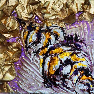 Flight of the bumblebee. voluminous painting with gold lines and purple opal. 3D Sculpting resin art geode thumb