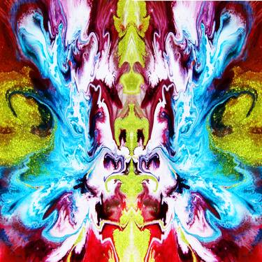 Alien. Space fantasy. Abstraction with gold, red and blue shades. 3D Photo thumb