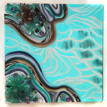 Blue lagoon and azure geode. 3D Geode Resin wall sculpture.Textured oil painting. Marine blue water, seascape, wave. thumb