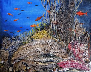 Coral reef - unusual 3D painting, natural materials, cactus fibers, gold leafs thumb