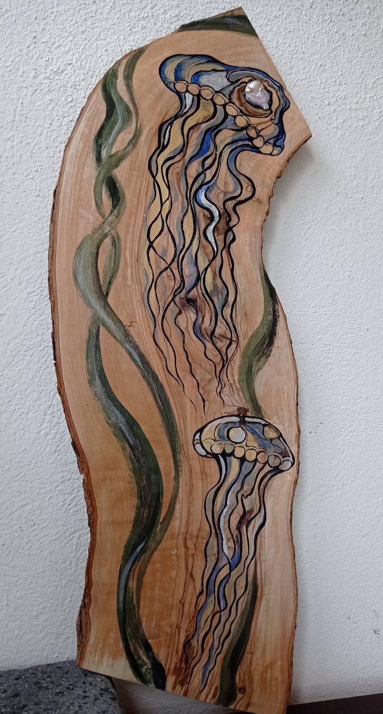 Jellyfish - sculpture on an olive cut, unusual decor Sculpture - Print