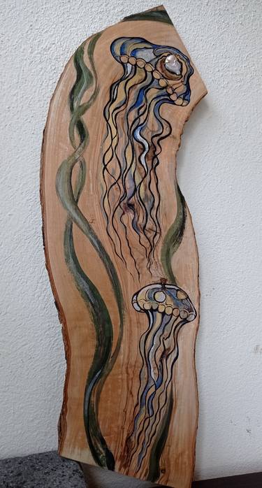 Jellyfish - sculpture on an olive cut, unusual decor Sculpture thumb