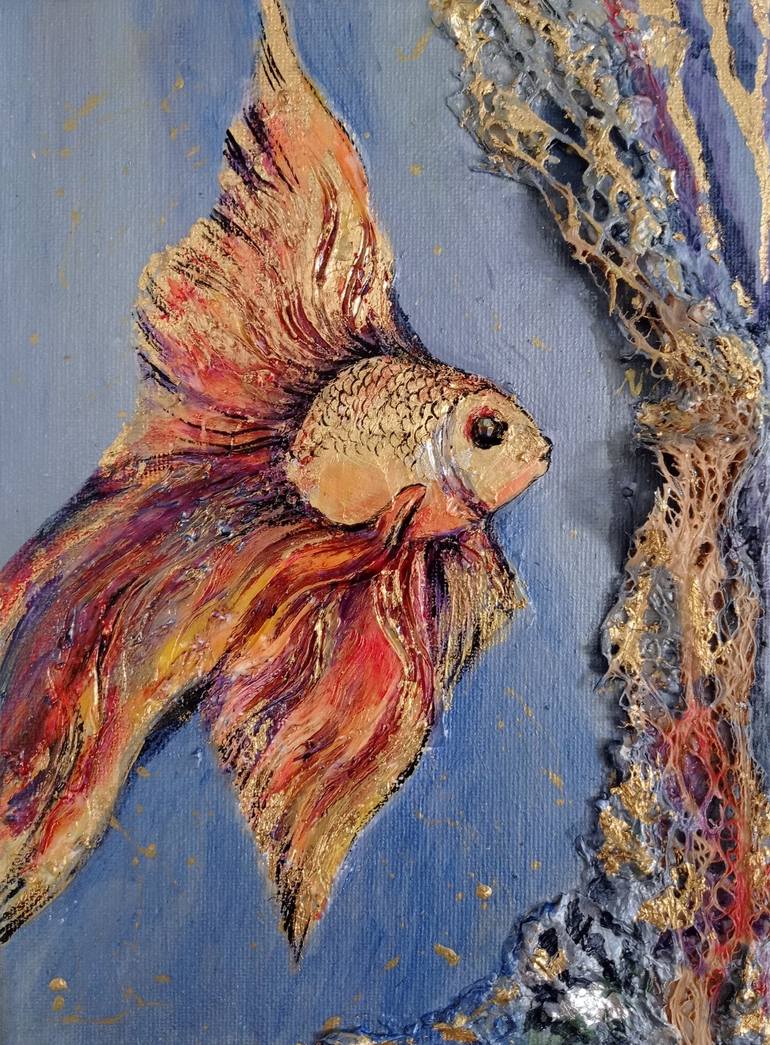 Gold fish - texture painting, gold leaf, cactus sceleton - Print