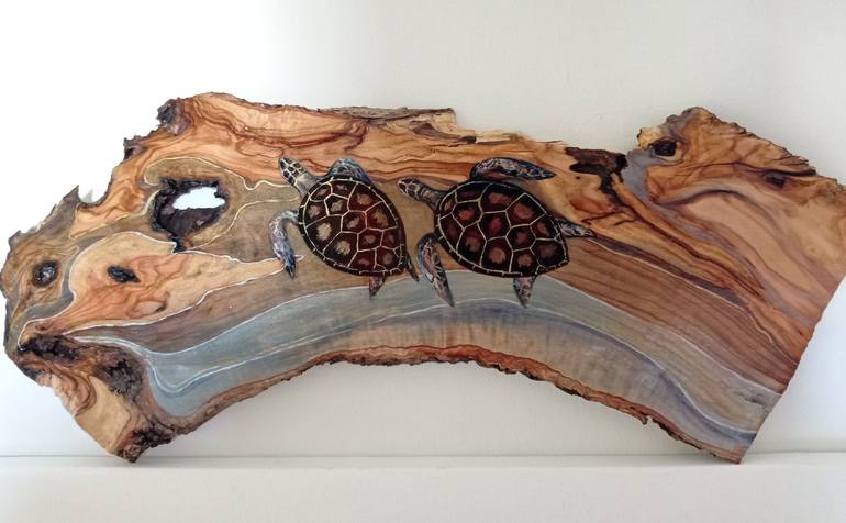 Turtles - bringing good luck, talisman, feng shui, olive tree painting Sculpture - Print