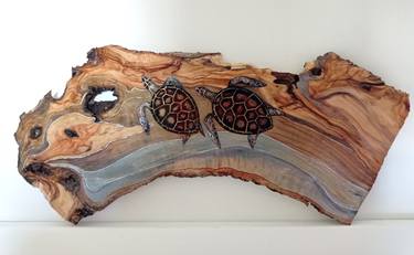 Turtles - bringing good luck, talisman, feng shui, olive tree painting Sculpture thumb