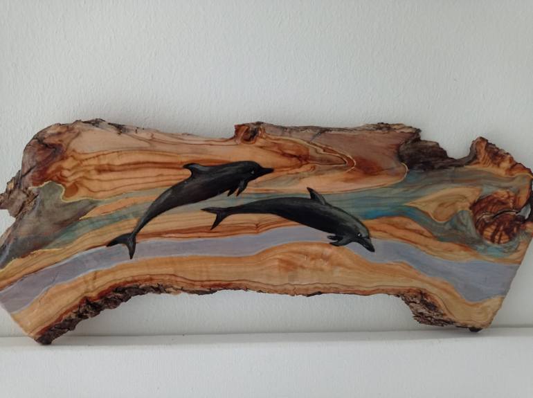 Dolphins -  feng shui, olive tree painting - Print