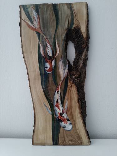 Two fish - bringing good luck, talisman, feng shui, olive tree painting thumb