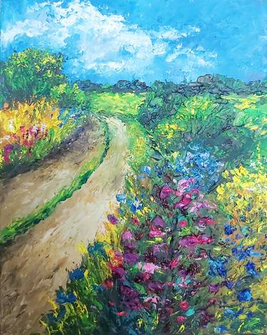 Field of flowers Small Painting Village road Landscape Provence thumb