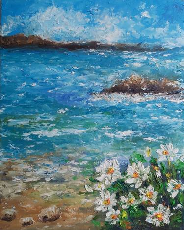 Flowers painting.Impasto.Impressionist Sea painting Miniature thumb