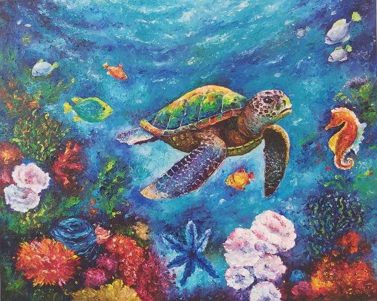 Original painting sea cheapest turtle ocean art