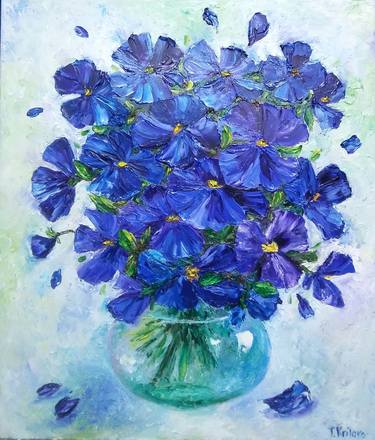 Blue flowers painting oil on canvas.Original art. thumb