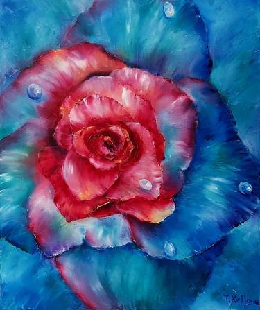 Flowers painting oil on canvas.Multi-colored rose. thumb