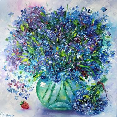 Flowers painting oil on canvas.Cornflowers in a glass vase thumb