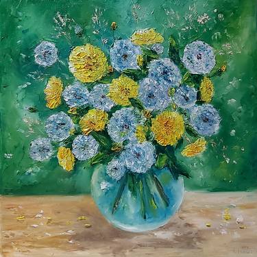 Flowers painting oil on canvas.Dandelions in a glass vase thumb