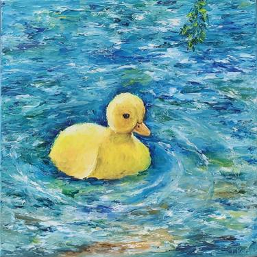 Yellow duckling swims in the lake.Original art.Oil on canvas. thumb