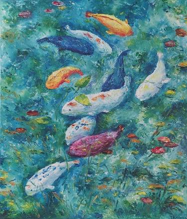 Fishes in the lake.Original art.Oil on canvas. thumb