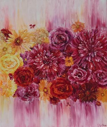 Flowers painting oil on canvas.Multi-colored flowers. thumb