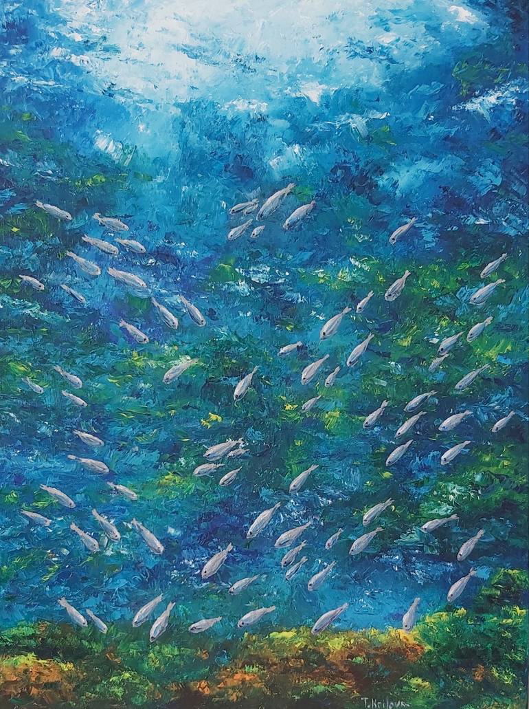 Abstract Fish Painting On Canvas Original Marine Artwork Blue