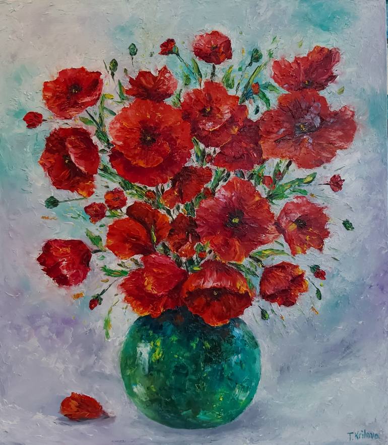 Flowers painting oil on canvas Poppies Wall art Impasto painting Floral  Original Painting Poppies in a beautiful vase Emerald vase Painting by  Tatiana Krilova