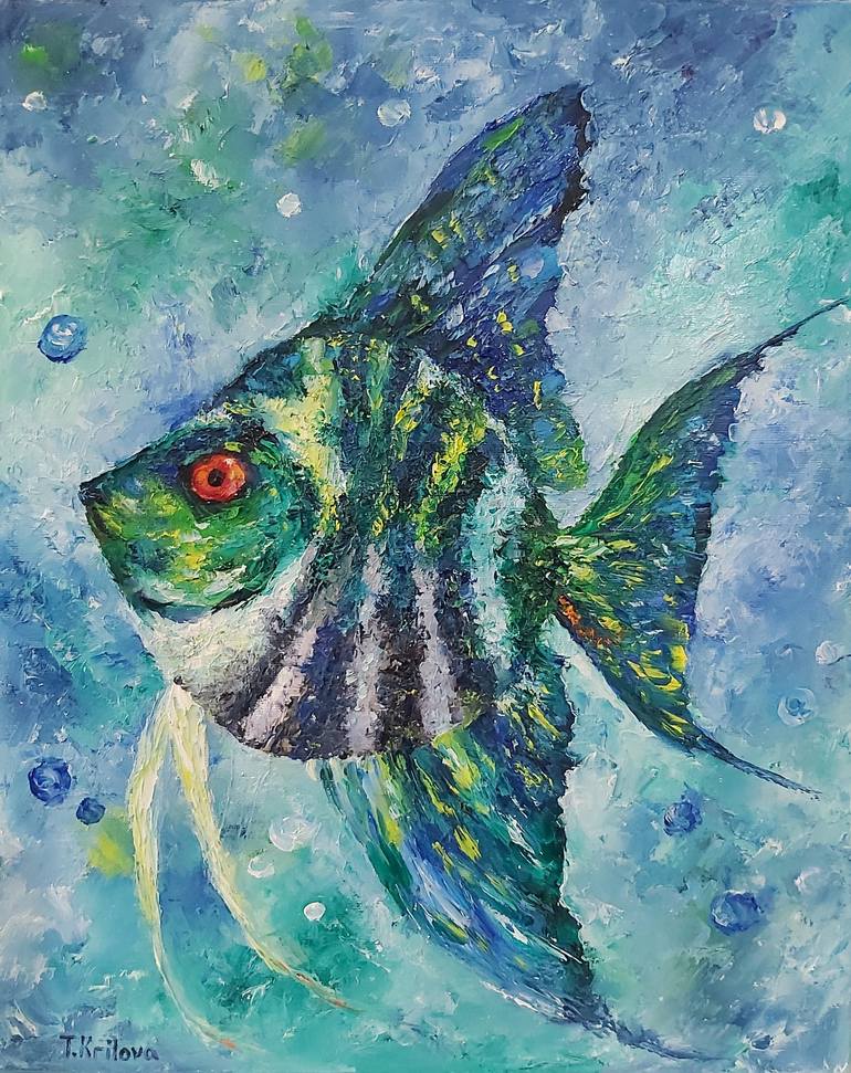 Fish painting.Original art.Oil on canvas.Impasto Oil Painting.Colored fish.Pisces.Abstract  Painting.Wall decor.Underwater world.3 d wall art Painting by Tatiana  Krilova