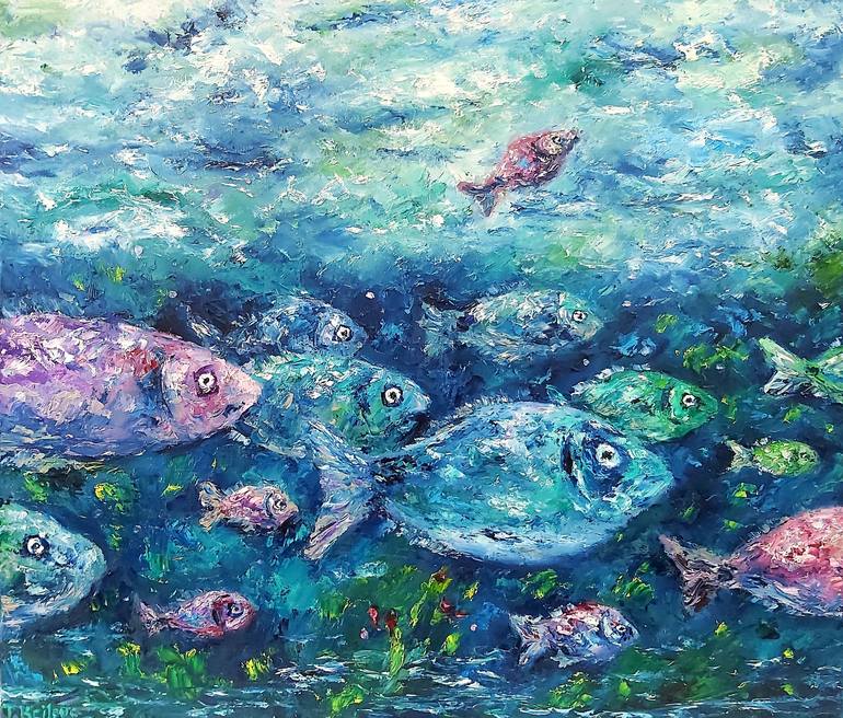 Fish underwater.Original art.Oil on canvas.Impasto Painting Colored  fish.Pisces.Abstract Painting.Wall decor.Fish painting.Underwater world.