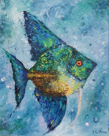 Fish.Original art.Oil on canvas.Impasto Oil Painting.Colored fish.Pisces.Abstract Painting.Wall decor.Fish painting.Underwater world. thumb