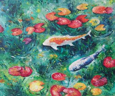 Fishes in the lake.Pond Original Painting.Impasto art.Koi fish thumb
