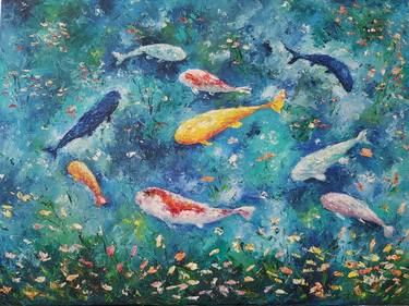 Fishes in the lake.Original art.Oil on canvas. Pond thumb