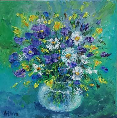 Mini painting Blue Abstract Flowers Original oil Painting thumb