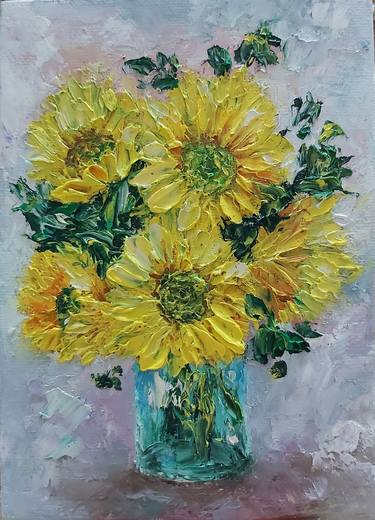 Flowers painting Impasto Vase with sunflowers Bouquet of flowers thumb