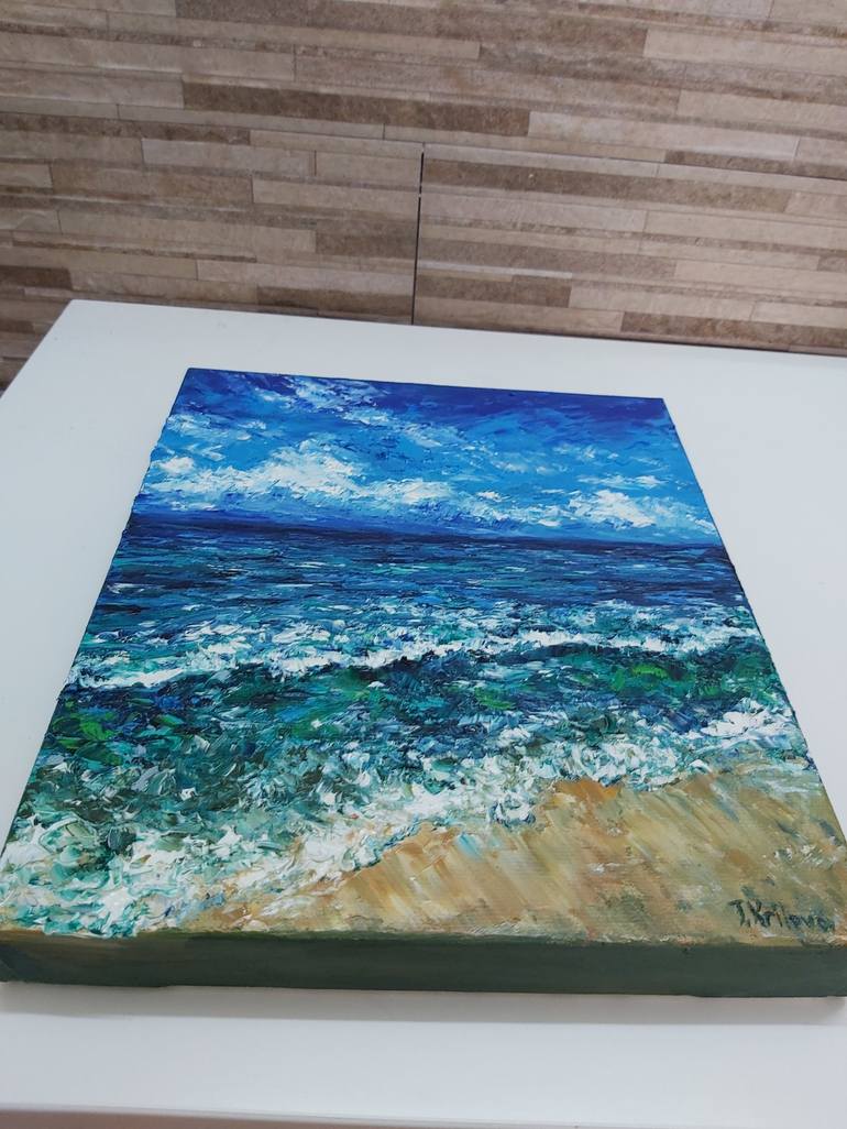 Ocean wave mini canvas painting 4×4 inches with mini easel