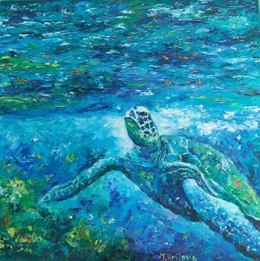 Turtle under water Original art Impasto painting Small Painting thumb