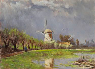 Oil painting landscape, windmill thumb