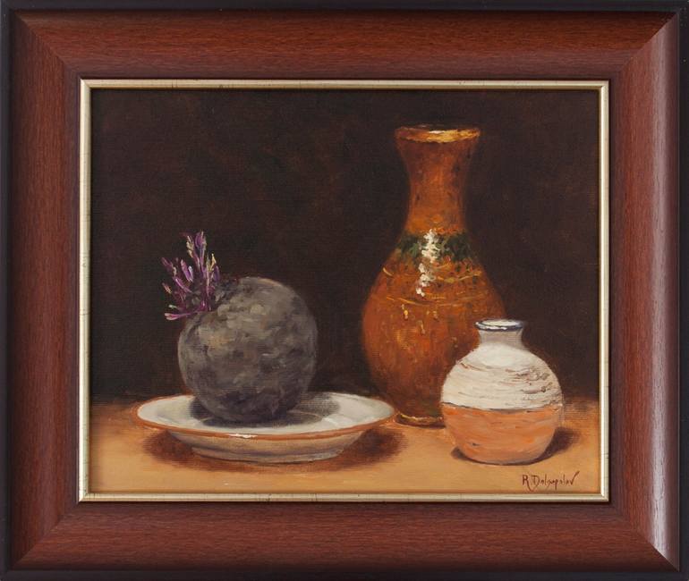 Oil painting. Clay jug and beets on a plate