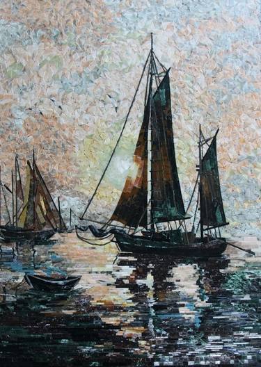 Marble Mosaic Panel "Sailboat at Sea Sunset". thumb