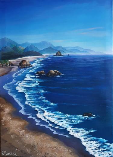 CANNON BEACH – seascape oil painting, ocean view, seaside, wave painting, home art, wall decor thumb