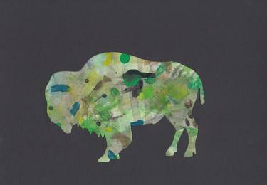 Bison, of green dropcloth, facing left, black background thumb