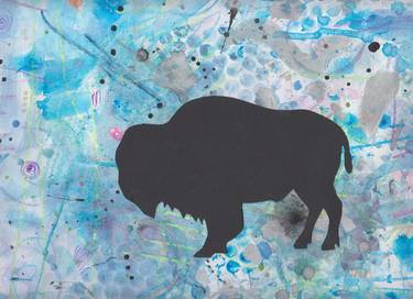 Bison, in black, on blue dropcloth background, going left thumb