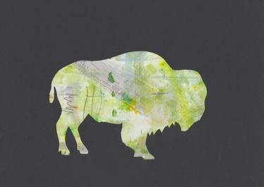 Bison, of moss green dropcloth, on black background, facing right thumb