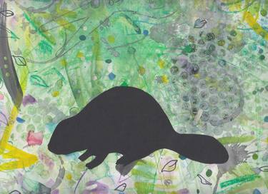 Beaver, in black, on spring green dropcloth, going left thumb